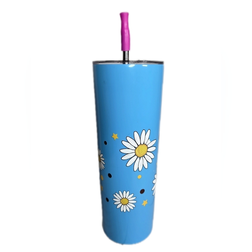 Blue Daisy Stainless Travel Tumbler with Metal Straw